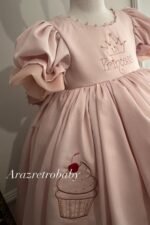 Arazretrobaby Viola Nakışlı ve Fiyonklu Kız Çocuk Elbise – Pudra Pembesi - Görsel 5