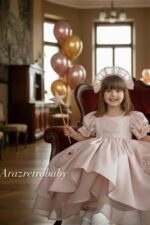 Arazretrobaby Viola Nakışlı ve Fiyonklu Kız Çocuk Elbise – Pudra Pembesi - Görsel 6