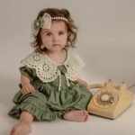 Arazretrobaby Vintage Küf Yeşili Kız Bebek Elbise ve Bandana Takımı
