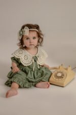 Arazretrobaby Vintage Küf Yeşili Kız Bebek Elbise ve Bandana Takımı