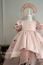 Arazretrobaby Viola Nakışlı ve Fiyonklu Kız Çocuk Elbise – Pudra Pembesi