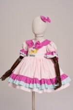 Arazretrobaby Ördek Nakışlı Fırfırlı Pembe Retro Kız Bebek Elbisesi