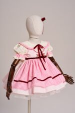 Arazretrobaby Pembe Pötikare Önlüklü Kadife Şeritli Retro Kız Bebek Elbisesi - Görsel 4