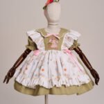 Arazretrobaby Tavşan Nakışlı Apron Önlüklü Haki Retro Kız Bebek Elbisesi