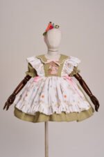 Arazretrobaby Tavşan Nakışlı Apron Önlüklü Haki Retro Kız Bebek Elbisesi
