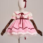 Arazretrobaby Pembe Pötikare Önlüklü Kadife Şeritli Retro Kız Bebek Elbisesi