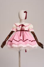 Arazretrobaby Pembe Pötikare Önlüklü Kadife Şeritli Retro Kız Bebek Elbisesi