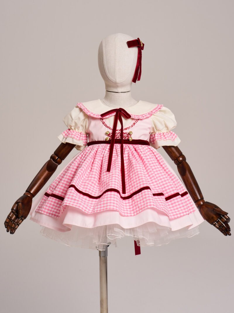 Arazretrobaby Pembe Pötikare Önlüklü Kadife Şeritli Retro Kız Bebek Elbisesi