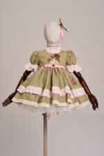 Arazretrobaby Sincap Nakışlı Fisto Dantelli Haki Retro Kız Bebek Elbisesi