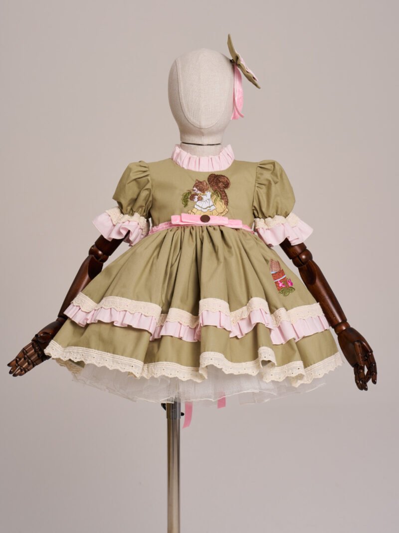 Arazretrobaby Sincap Nakışlı Fisto Dantelli Haki Retro Kız Bebek Elbisesi